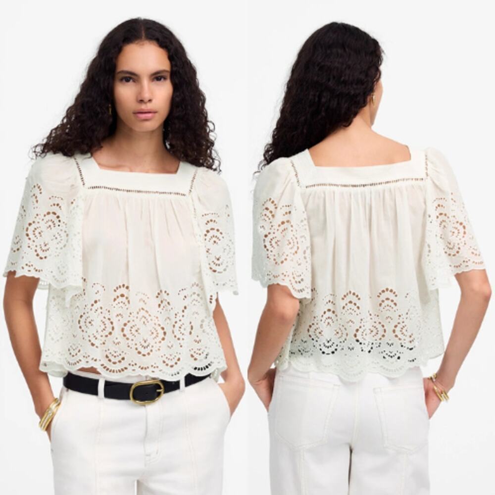 Madewell Women's Embroidered Eyelet Flutter-Sleeve Top NV198 White Size XXS NWT